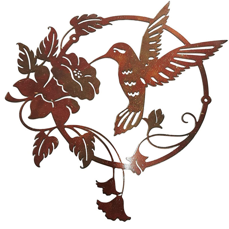 V888-ELOSUNG33397-202506191026-00 Brown Set of 2 Round Metal Wall Art - Hummingbird & Flower Sculpture for Indoor & Outdoor Decor - Image 1