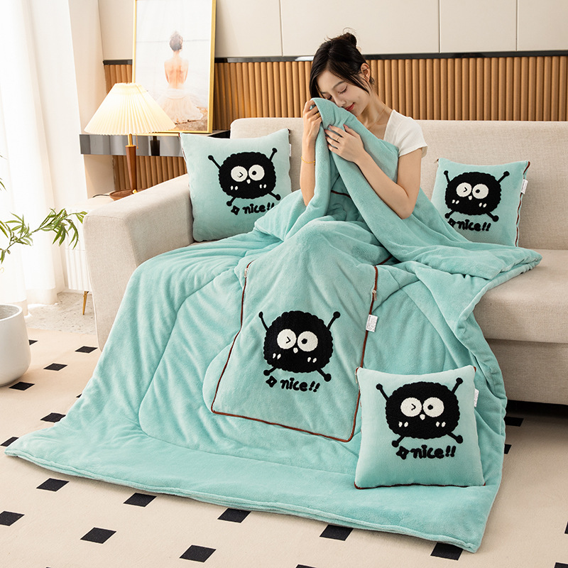 V888-ELOSUNG33405-202506191053-00 Water Green Padded and Thickened Elf 2-in-1 Foldable Car Pillow Blanket - Cozy 40x40cm Pillow, Unfolds to 100x150cm Blanket for Travel and Office Naps - Image 1