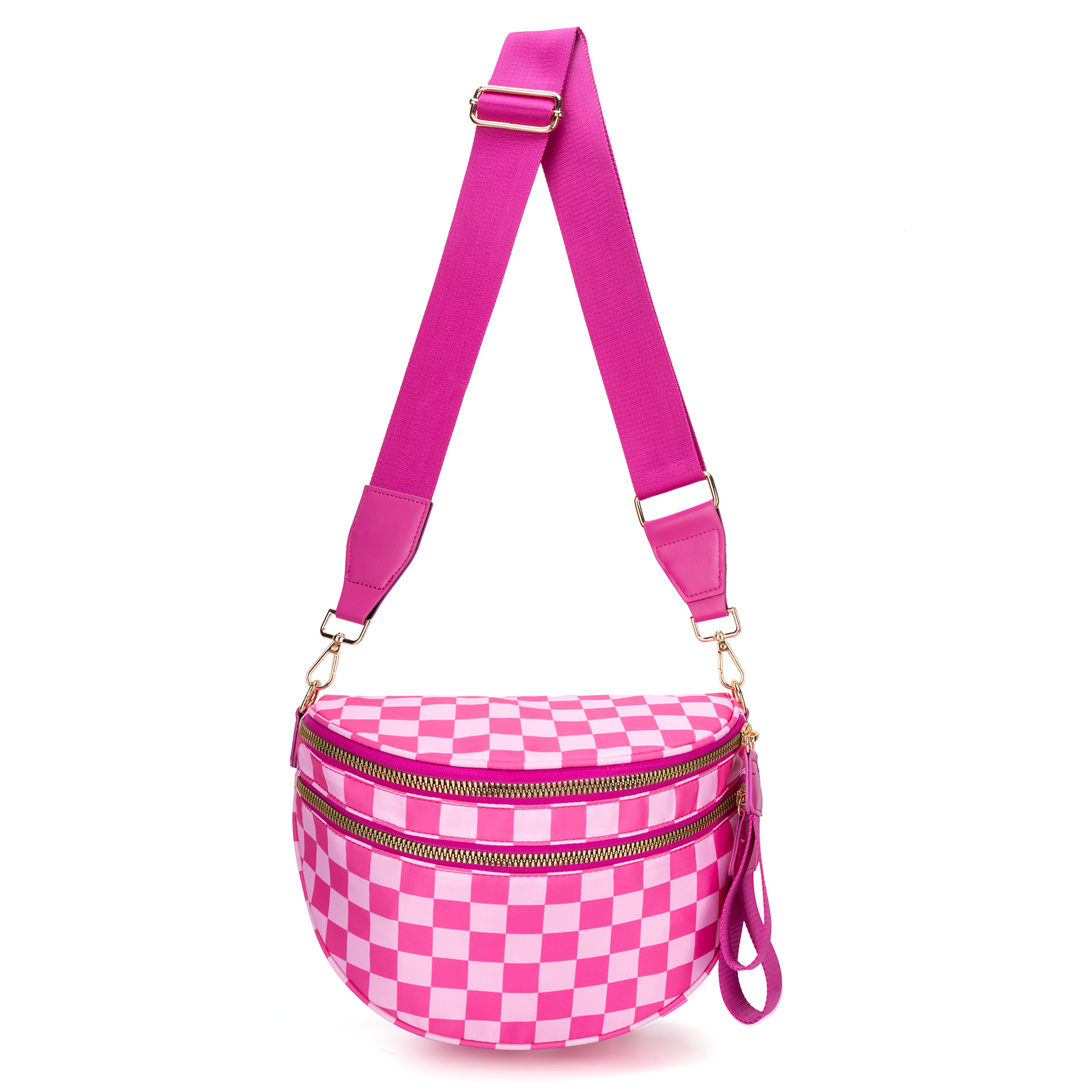 V888-ELOSUNG33409-202506191132-00 Rose Red Checkered Trendy Sling Bag - Women's Crescent Crossbody Purse with Wide Adjustable Strap - Image 1