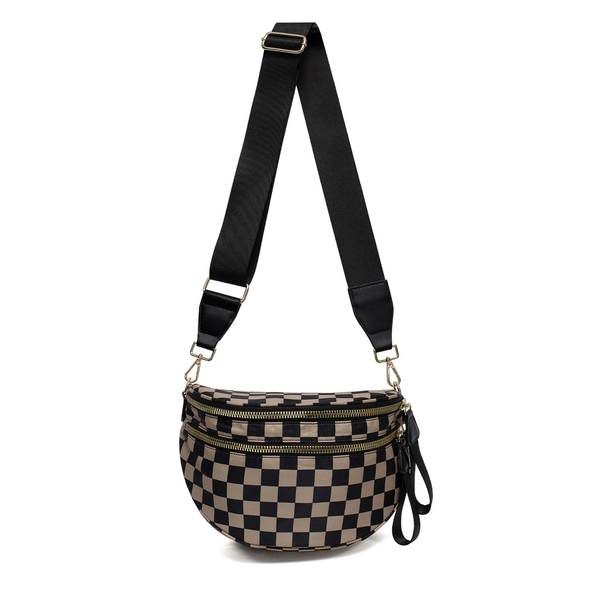 V888-ELOSUNG33478-202506241152-00 Black-brown Checkered Trendy Sling Bag - Women's Crescent Crossbody Purse with Wide Adjustable Strap - Image 1