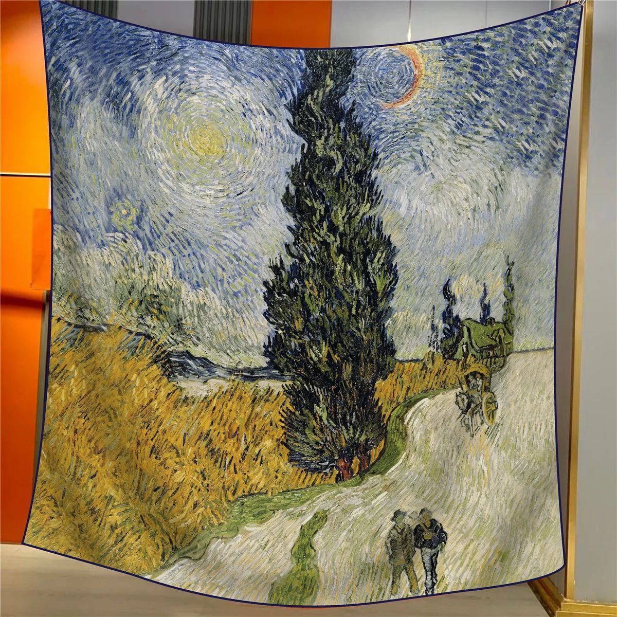 V888-ELOSUNG33498-202506250947-00 Cypress Tree With Starry Sky Elegant Artistry Shawl - Large 130cm Square Scarf with Oil Painting Print & Hand-Rolled Hem - Image 1