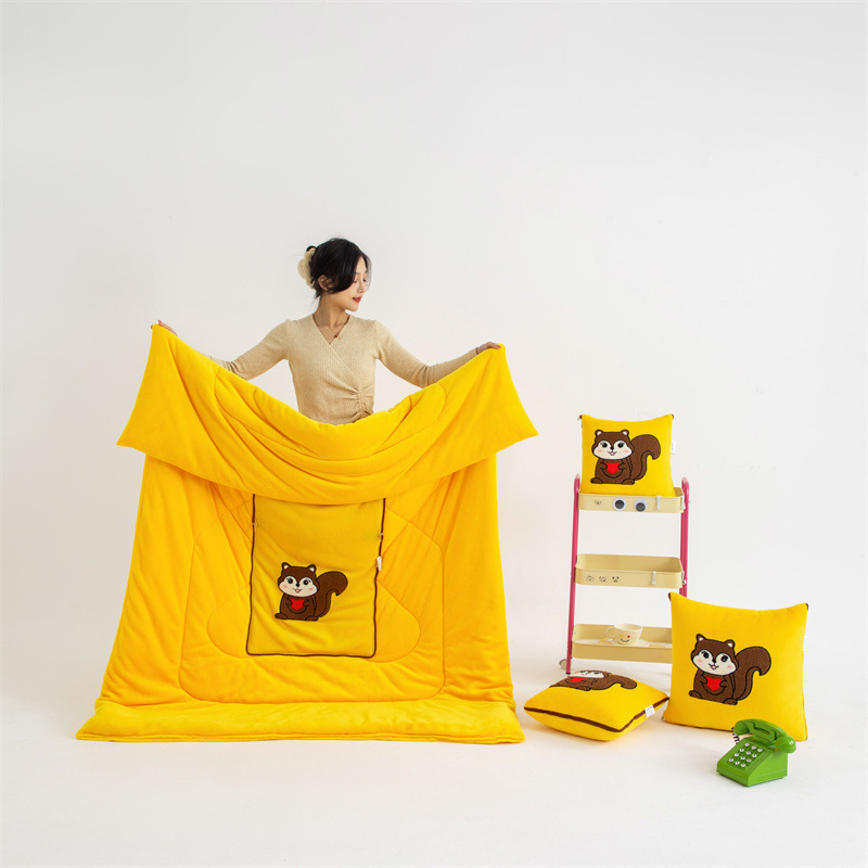 V888-ELOSUNG33520-202506301126-00 Yellow Little Squirrel - 2-in-1 Foldable Car Pillow Blanket - Cozy 40x40cm Pillow, Unfolds to 100x150cm Blanket for Travel and Office Naps - Image 1