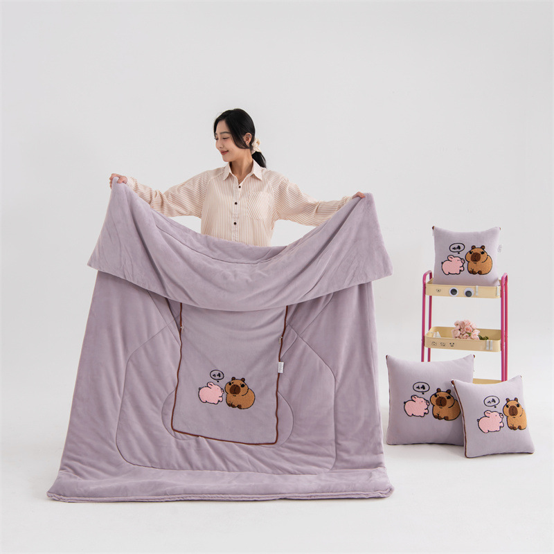 V888-ELOSUNG33565-202506301030-00 Light Pink Kapybara - 2-in-1 Foldable Car Pillow Blanket - Cozy 40x40cm Pillow, Unfolds to 100x150cm Blanket for Travel and Office Naps - Image 1