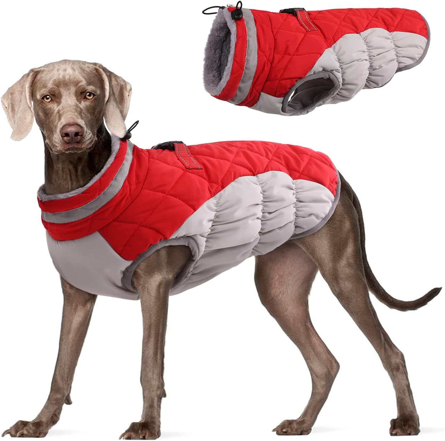 V888-ELOSUNG33660-202507021020-00 XXXL Red Grey Premium Winter Puffer Dog Coat - Windproof & Fleece-Lined Jacket for Cold Weather - Image 1