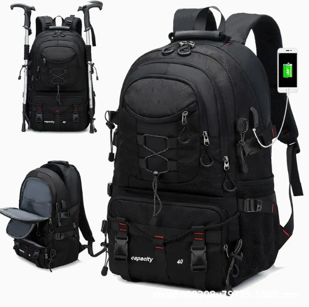 V888-ELOSUNG33670-202507021035-00 Black 40L Large Capacity Travel Backpack - Water-Resistant Hiking Rucksack with USB Charging Port - Image 1