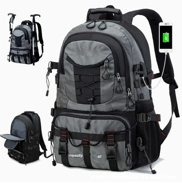 V888-ELOSUNG33672-202507021035-00 Grey 40L Large Capacity Travel Backpack - Water-Resistant Hiking Rucksack with USB Charging Port - Image 1