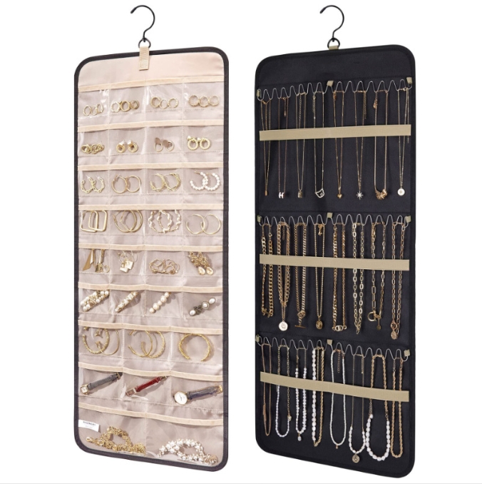 V888-ELOSUNG34128-202506101835-00 Black Hanging Jewelry Organizer - Closet Storage for Necklaces, Earrings, and Rings with Clear Pockets(14*33inch) - Image 1