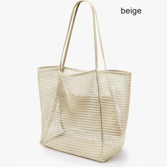 V888-ELOSUNG34135-202506101838-00 Beige Large Mesh Beach Tote Bag - Lightweight & Foldable Shoulder Bag with Secure Zipper Pocket - Image 1