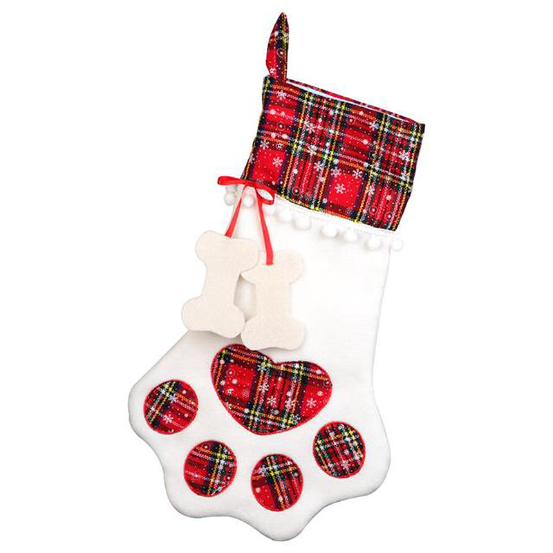 V888-ELOSUNG34144-202506190626-00 Red Large Plaid Dog Paw Christmas Stocking - Festive Fireplace Decor for Pet Lovers - Image 1