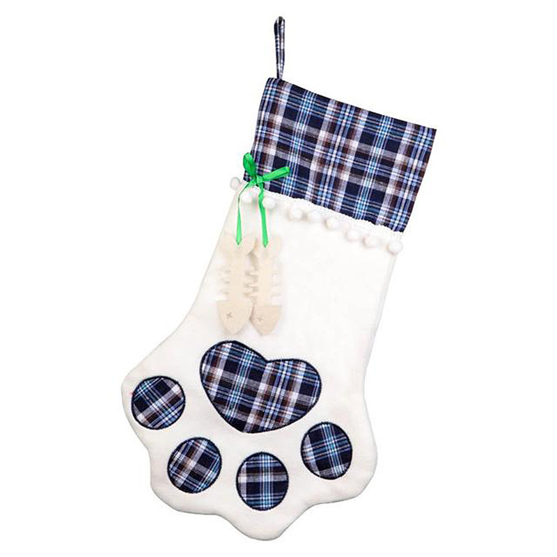 V888-ELOSUNG34145-202506190626-00 Blue Large Plaid Dog Paw Christmas Stocking - Festive Fireplace Decor for Pet Lovers - Image 1
