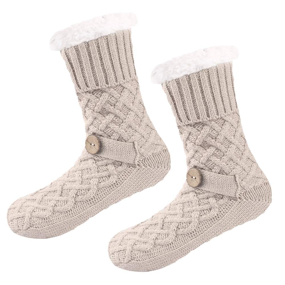 V888-ELOSUNG34174-202506191136-00 Khaki Women's Cozy Cable Knit Slipper Socks - Plush Fleece Lined Thermal Socks with Non-Slip Grips - Image 1
