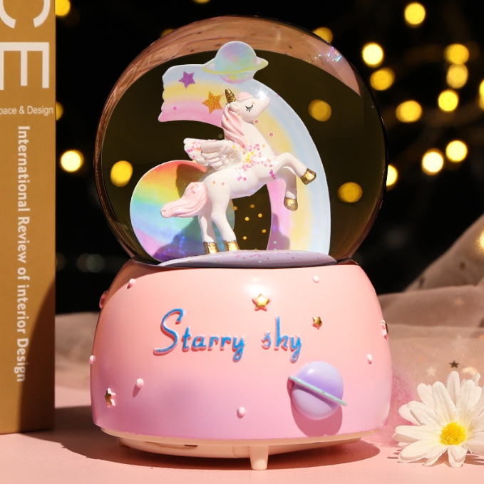 V888-ELOSUNG34217-202506191243-00 Enchanting Unicorn Snow Globe Music Box - Magical Starry Sky Musical Gift for Girls - Image 1