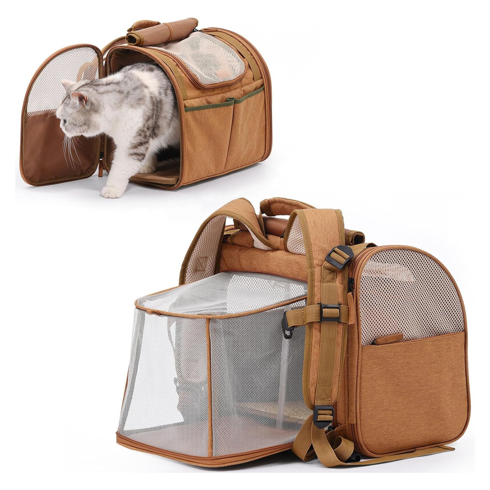 V888-ELOSUNG34244-202506241115-00 Brown Expandable Breathable Outdoor Portable Large Space Cat Backpack - Pet Carrier for Cats and Dogs - Image 1