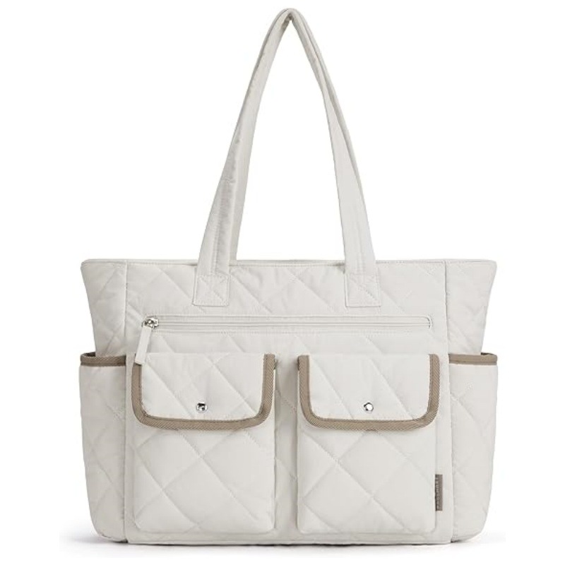 V888-ELOSUNG34262-202506241205-00 Beige Women's Multi-Pocket Tote Bag - Large Quilted Travel Handbag for Work, Gym, and More - Image 1