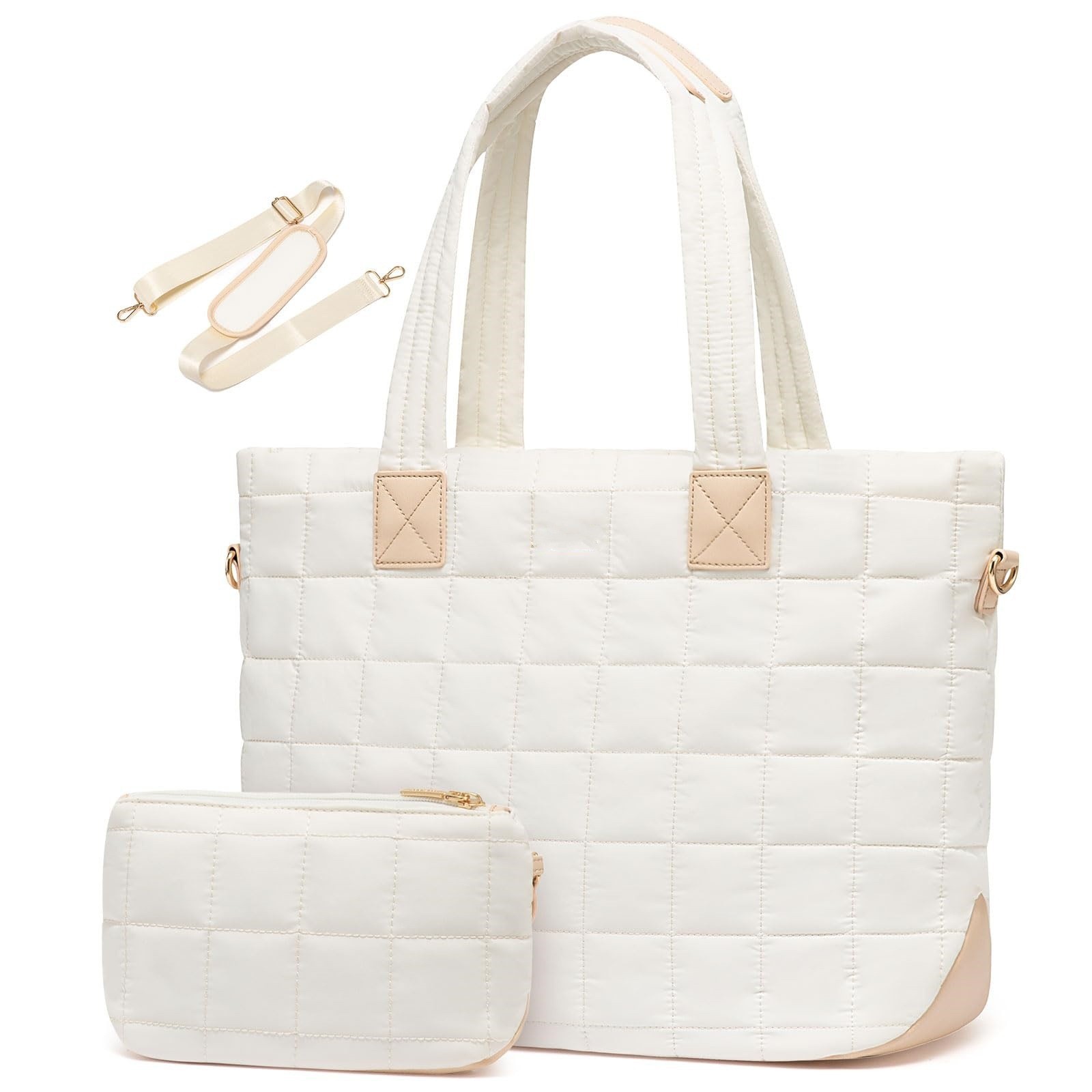 V888-ELOSUNG34271-202506250938-00 White New Large Capacity Tote Bag - Fashionable Quilted Women's Shoulder Bag and Laptop Bag - Image 1