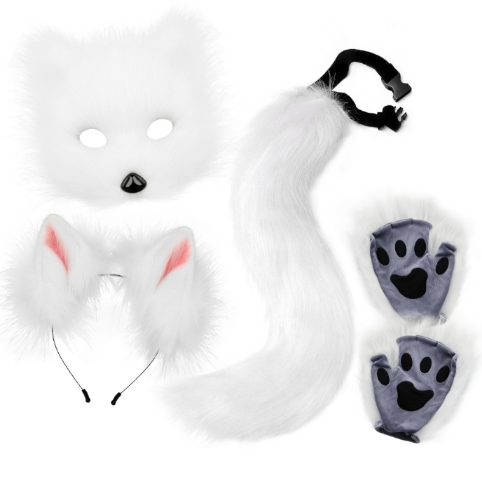 V888-ELOSUNG34296-202506301021-00 White Halloween Furry Fox Costume Set - Plush Mask, Ears Headband, Tail, and Paws for Cosplay - Image 1