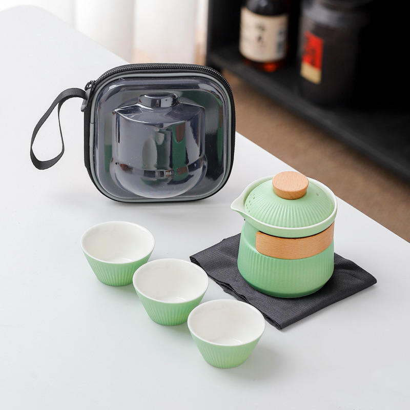 V888-ELOSUNG35037-202506191252-00 Portable Ceramic Travel Tea Set - One Pot Three Cups with Carrying Case, Elegant Frosted Finish(green) - Image 1