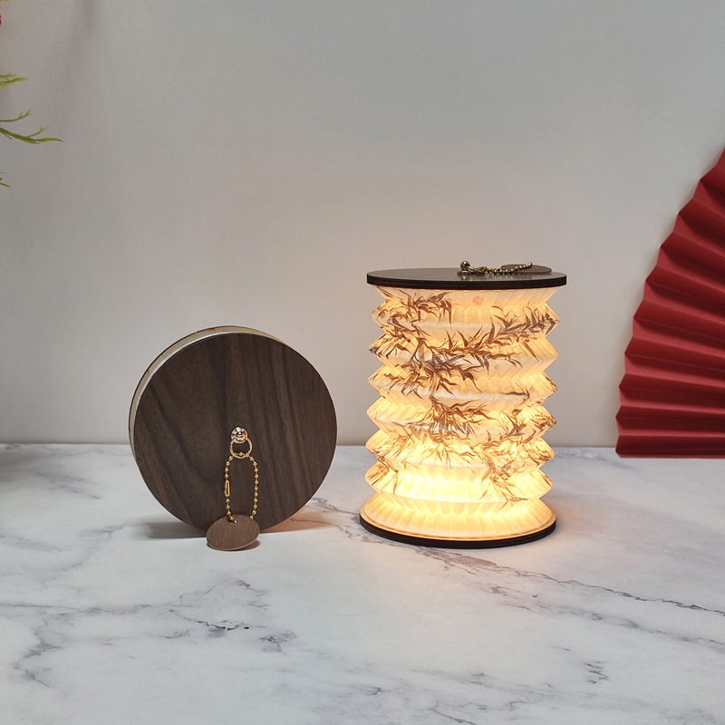 V888-ELOSUNG35149-202506241027-00 Foldable Telescopic Lantern Lamp - 3 Light Modes, USB Rechargeable, Wood/Paper Finish(Ink Bamboo Painting) - Image 1