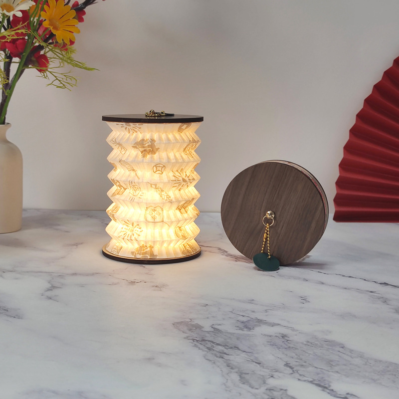 V888-ELOSUNG35150-202506241027-00 Foldable Telescopic Lantern Lamp - 3 Light Modes, USB Rechargeable, Wood/Paper Finish(Good Luck and Happiness) - Image 1