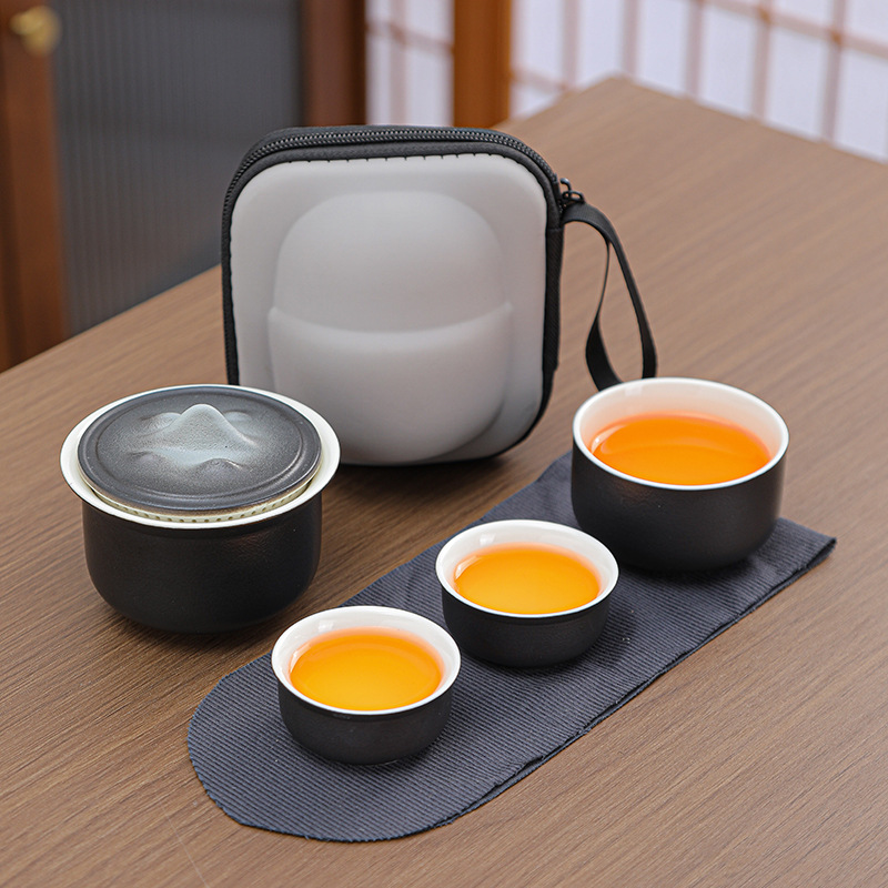 V888-ELOSUNG35174-202506241047-00 Portable Ceramic Tea Set for Travel - Quick Gaiwan with 3 Cups & Carrying Case(black) - Image 1