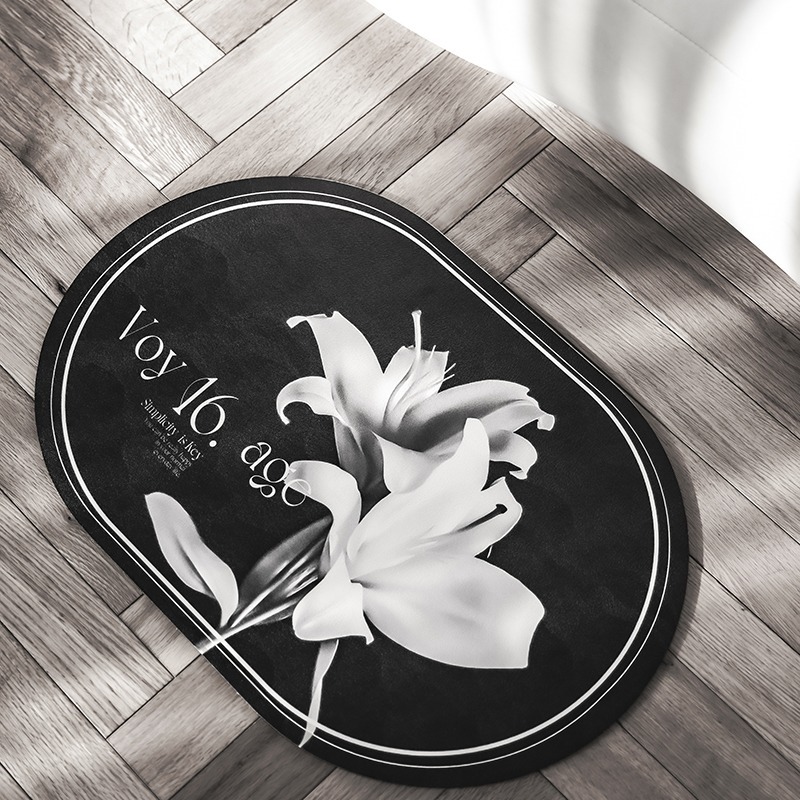 V888-ELOSUNG35414-202506301110-00 Elegant Floral Print Absorbent Floor Mat - Quick Dry, Non-Slip, Easy Clean Bathroom & Entryway Rug(White flowers on black background) - Image 1