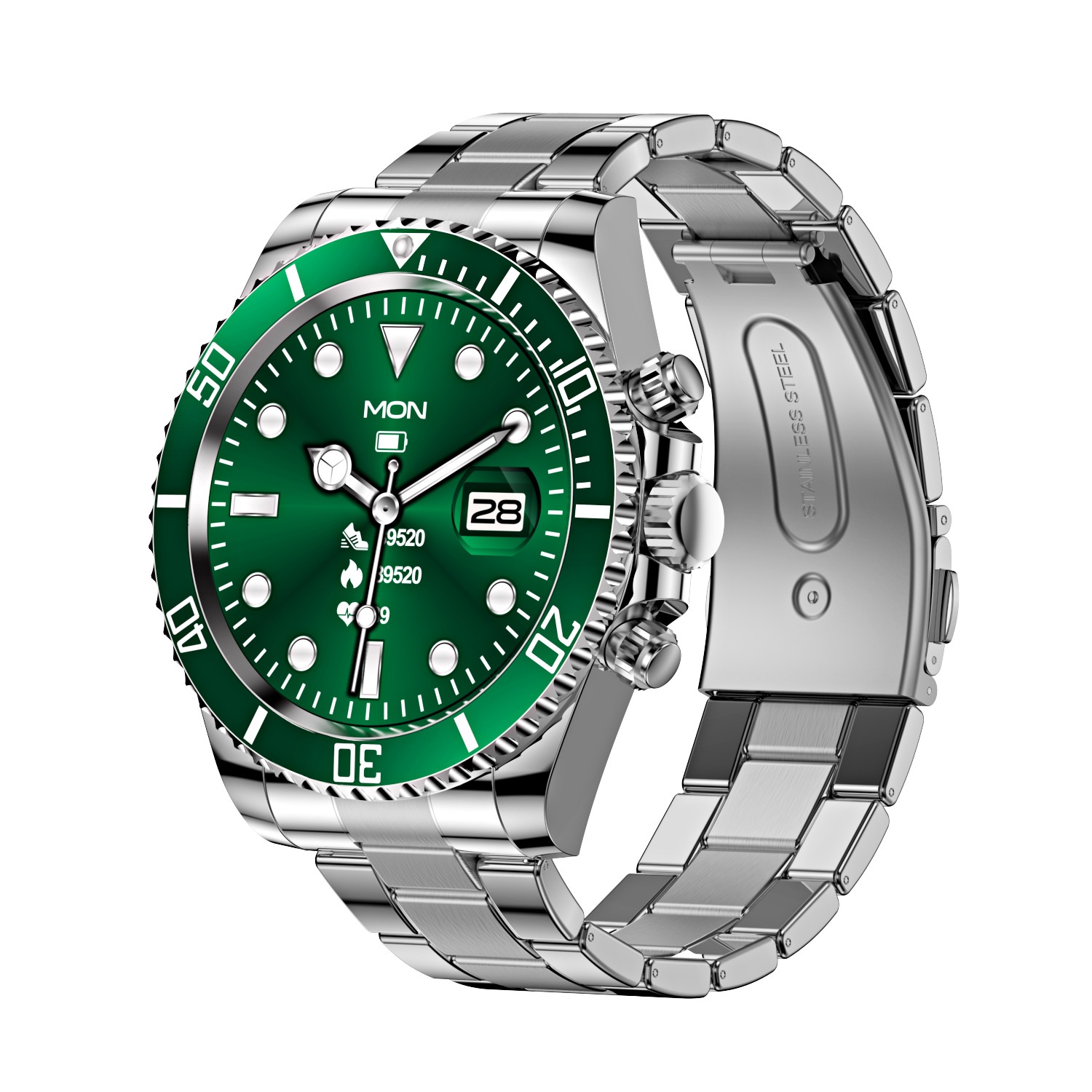V888-ELOSUNG35445-202506301041-00 Classic Stainless Steel Smartwatch with Rotating Timer Bezel, Bluetooth Calling & Luminous Display(green) - Image 1