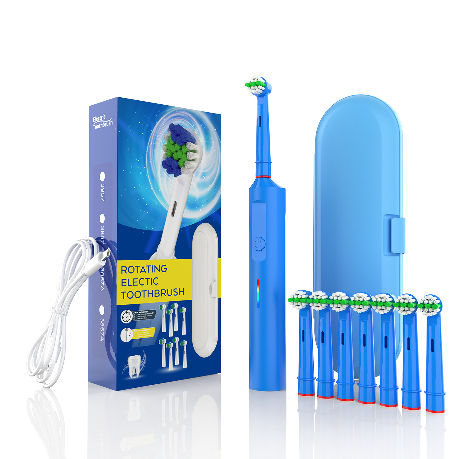 V888-ELOSUNG35585-202507041040-00 Rotating Electric Toothbrush with 3D Cleaning Action - 3 Modes, IPX7 Waterproof, with Travel Case & 6 Brush Heads(blue) - Image 1