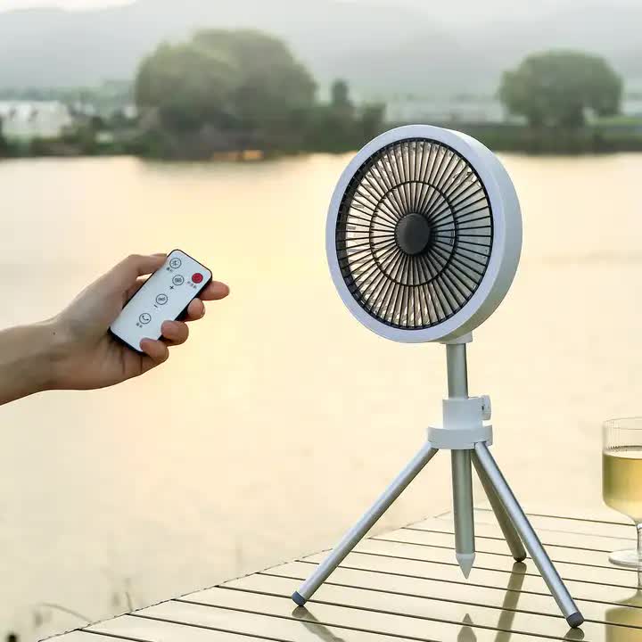 V888-LOSUNG132712-211172-00 White Portable Outdoor Tripod Fan – USB Rechargeable Camping Fan with Remote Control, Folding & Adjustable for Outdoor Activities and Travel - Image 1