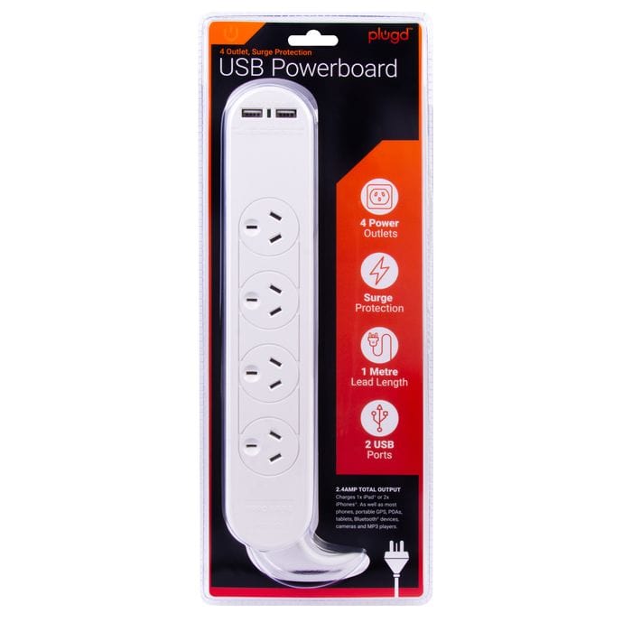 V915-EL0032-203761-00 4 Outlet Powerboard With Surge Protection and Dual USB Charger - Image 1