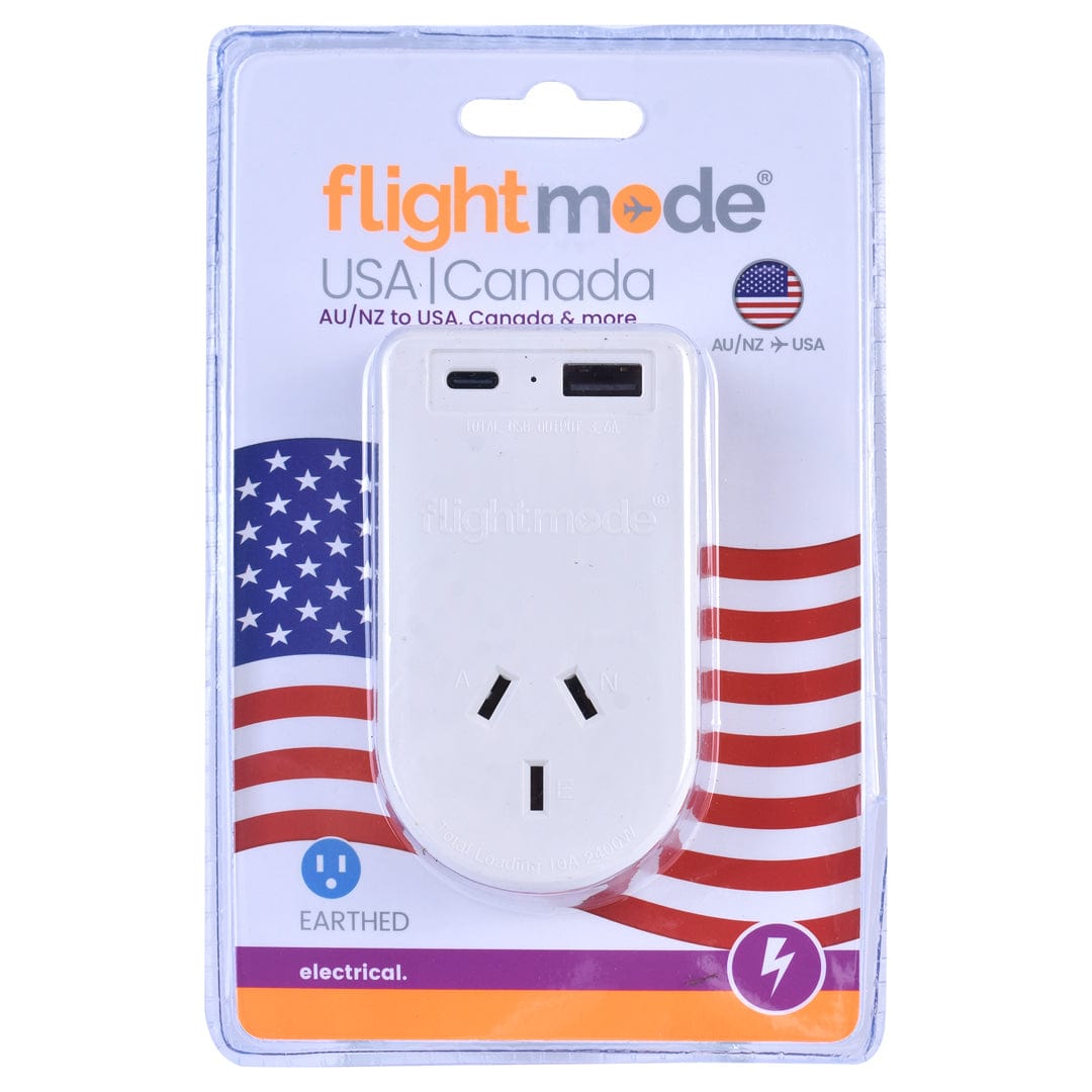 V915-FM0101-203421-00 Flightmode Outbound AU/NZ to USA/CANADA Travel Adaptor with USB Type C & A - Image 1