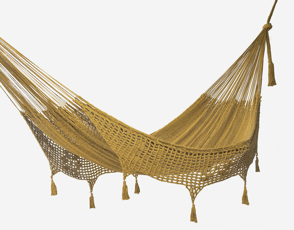 V97-TDKMUSTARD-120539-00 Outdoor undercover cotton Mayan Legacy hammock with hand crocheted tassels King Size Mustard - Image 1