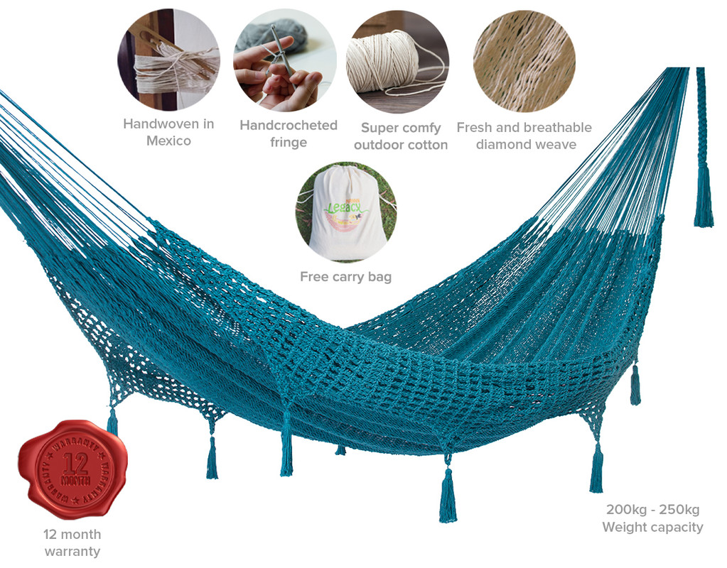 V97-TDQBONDI-52292-00 Outdoor undercover cotton Mayan Legacy hammock with hand crocheted tassels Queen Size Bondi - Image 1
