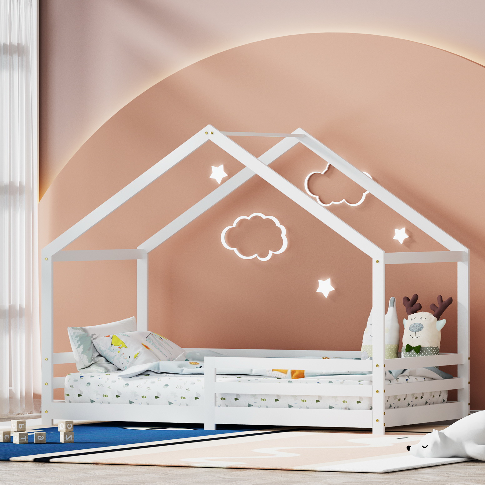 WBED-AMOS-S-WH-AB-173346-04 Artiss Bed Frame Wooden Kids Single House Frame White AMOS - Image 1