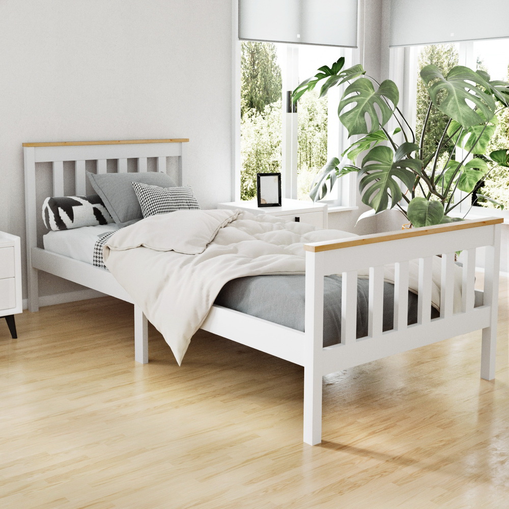WBED-D-TC18-92-15381-07 Artiss Bed Frame Single Size Wooden White PONY - Image 1