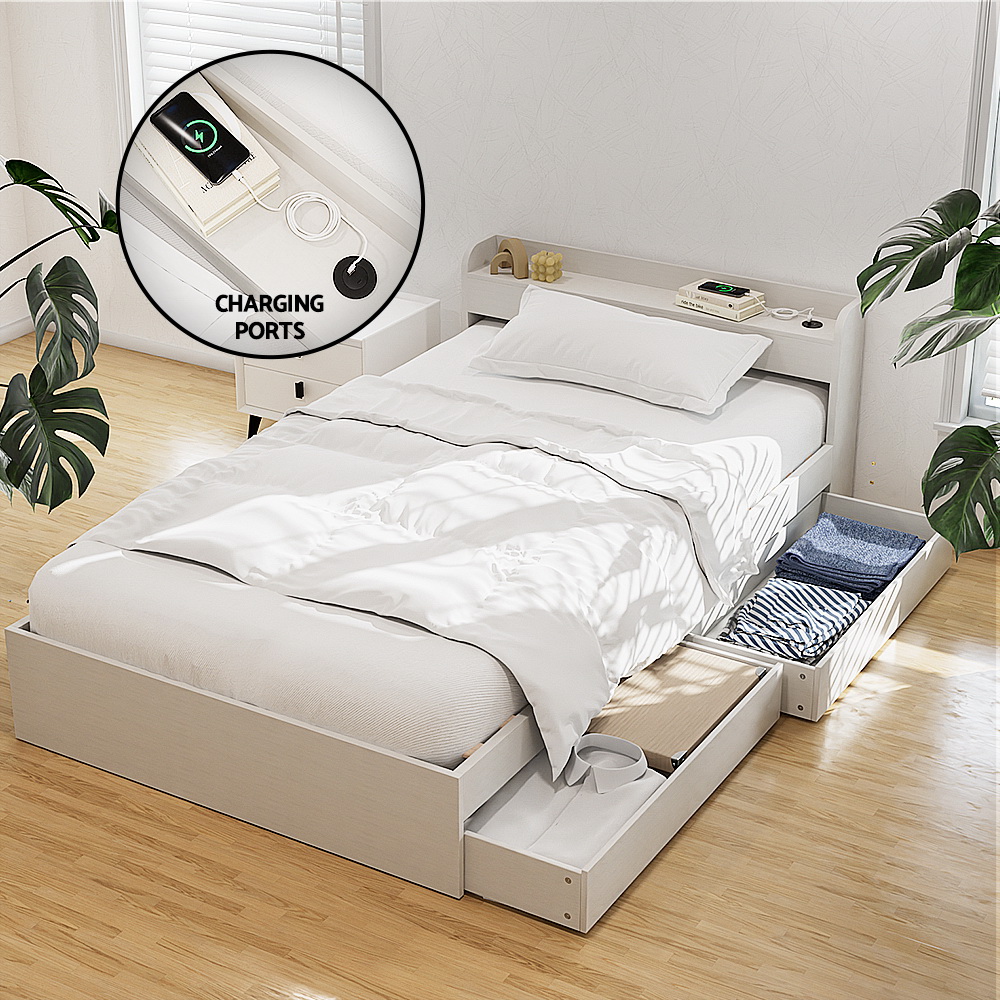 WBED-F-AURA-S-WH-AB-202505201612-00 Artiss Bed Frame Single Size with Charging Ports and 2 Drawers AURA - Image 1