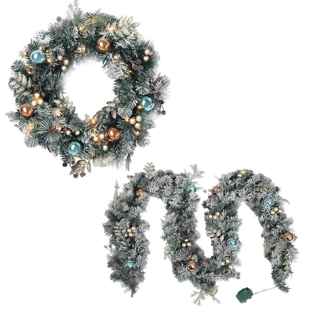 XM-TR-GAR-WRE-FROST-LED-89865-00 Jingle Jollys 2.7m Christmas Garland with Wreath Set LED Lights Snowy Xmas Decor - Image 1