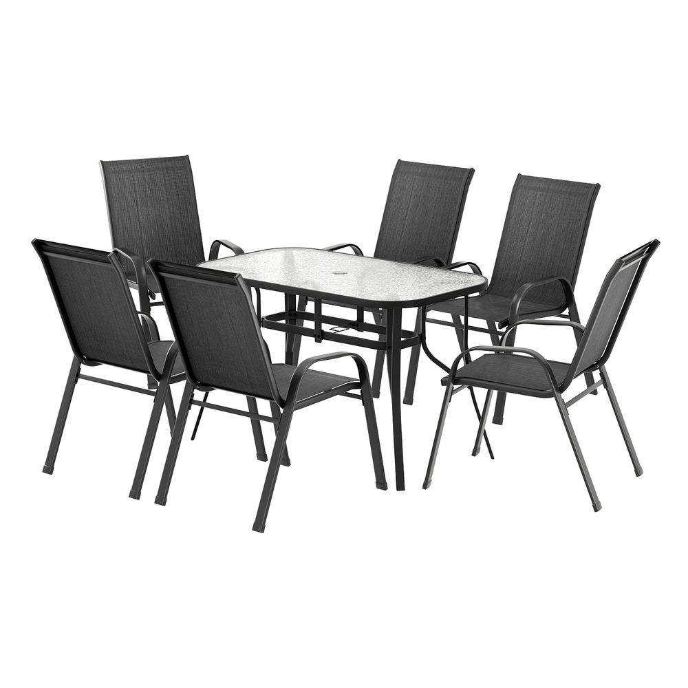 FF-DINING-120-7PCS-BK-202507161324-00 Gardeon 7PC Outdoor Dining Set Table and Chairs Patio Furniture Garden Bistro Set Black - Image 1