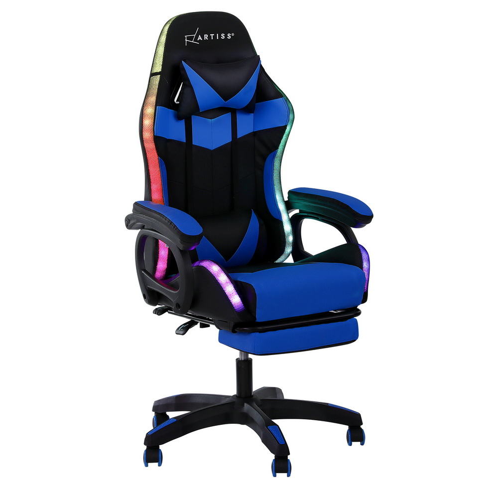 MOC-L-GC-8P-LED-BL-202508271806-00 Artiss Gaming Office Chair 12 RGB LED Massage Computer Work Seat Footrest Blue - Image 1