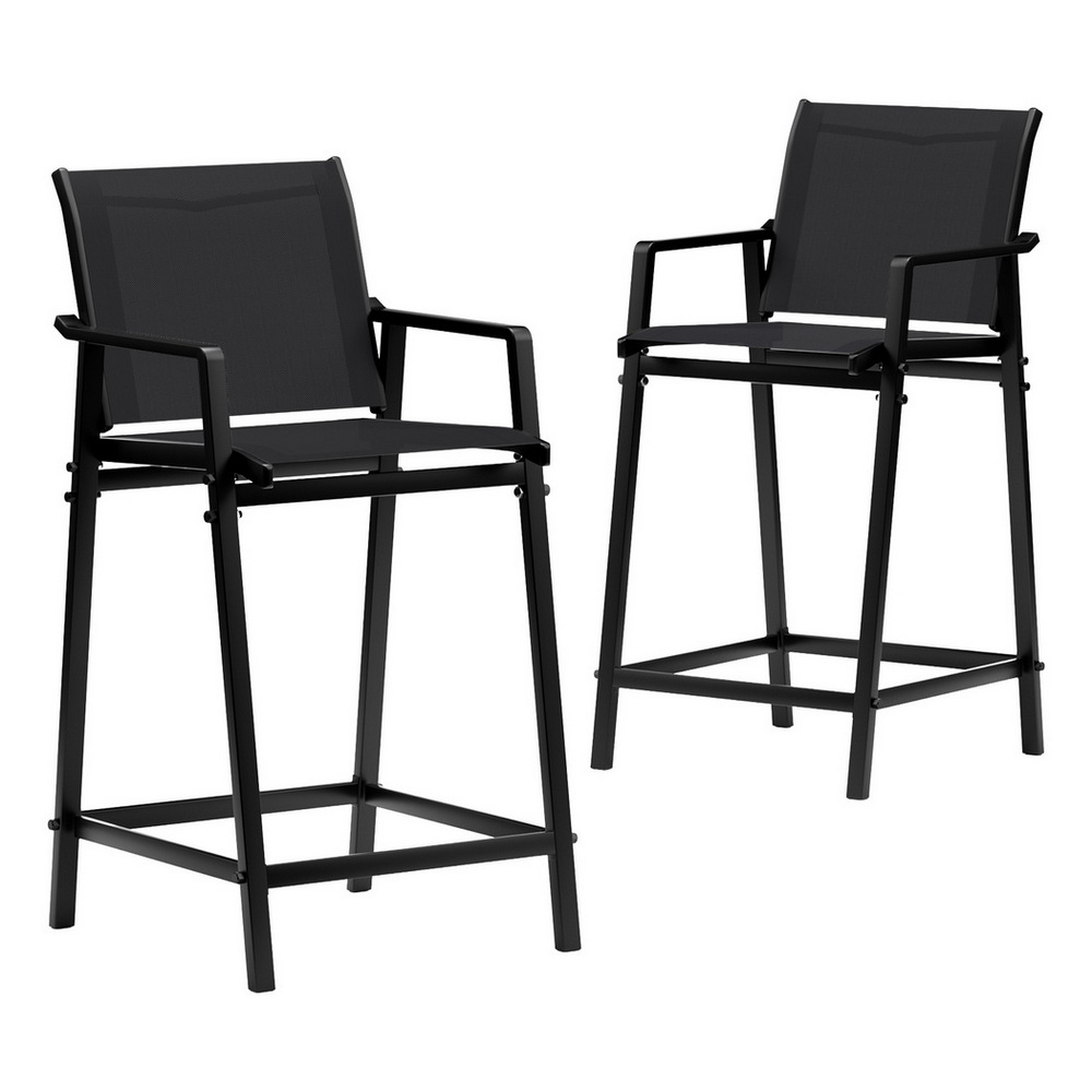ODF-BA-TEX-BK-2X-202508191528-00 Gardeon 2PC Outdoor Bar Stools Steel Dining Chairs Patio Furniture Garden Black - Image 1