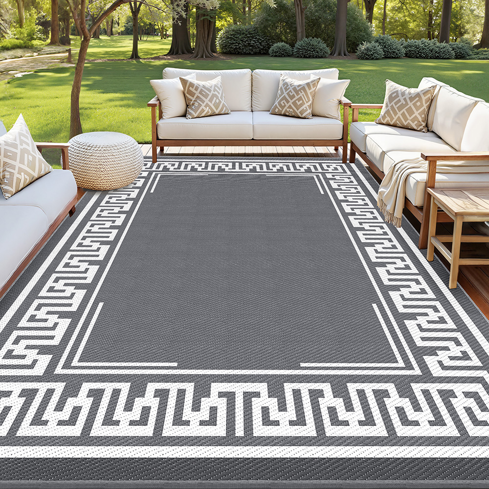 OR-9X12FT-FRAME-GY-202508291330-06 Gardeon Outdoor Rugs 274x366cm Large Carpet Reversible Area Mat PP Dual-Sided Patio Rug Greek Key - Image 1