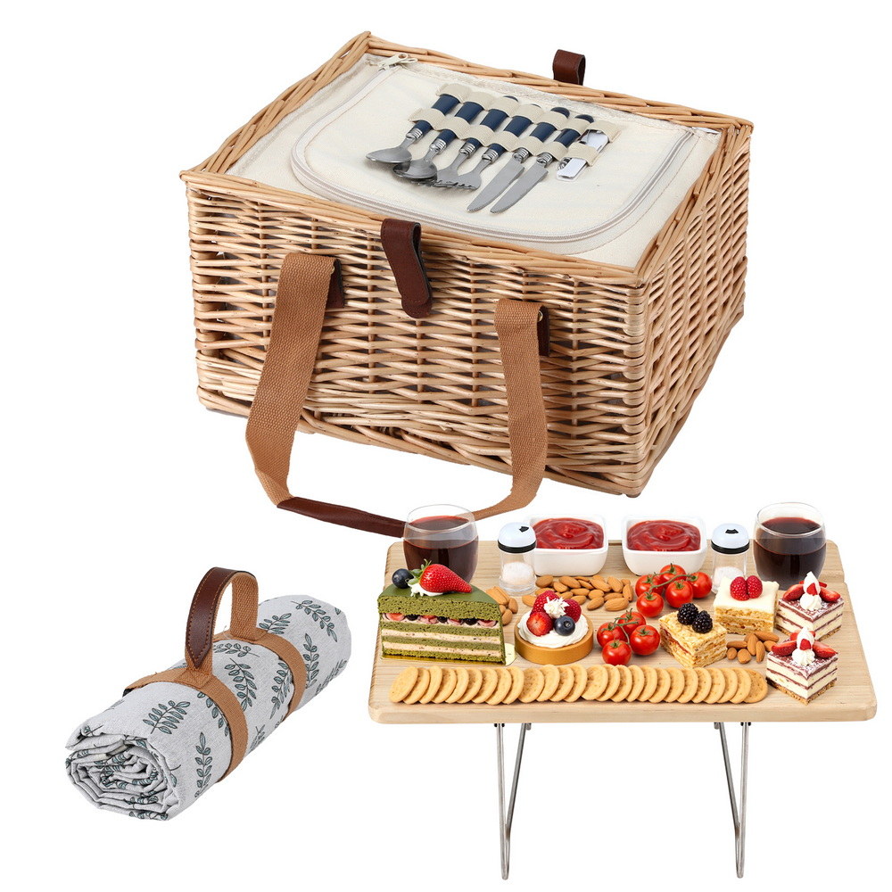 PICNIC-2PPL-TABLE-BG-202508151912-00 Alfresco 2 Person Picnic Basket Set with Table Blanket Cooler Wooden Insulated - Image 1
