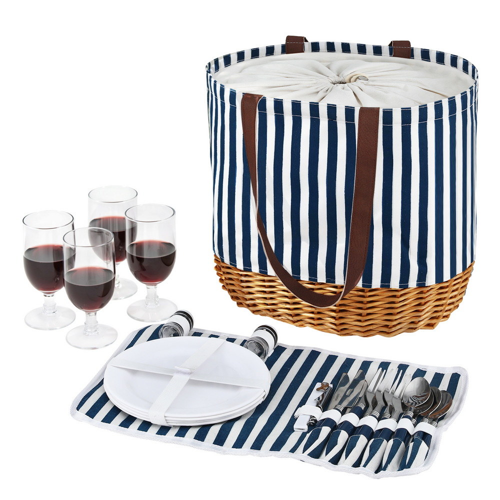 PICNIC-4PPL-BAG-STRIPE-202508151912-00 Alfresco 4 Person Picnic Basket Bag Set Wooden Blanket Cooler Outdoor Insulated - Image 1