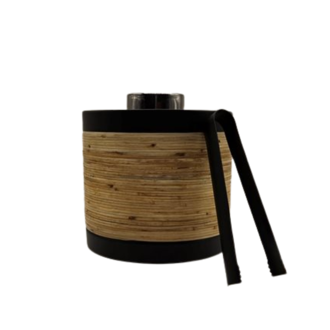 V1026-KLCDIM0007-202507081035-00 Plantation Ice Bucket with Tongs - Matte Black & Rattan | Stainless Steel Barware - Image 1