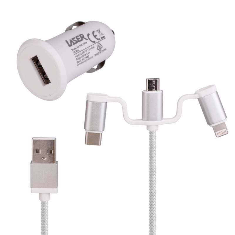 V1031-PW-UB243C-WHT-202507251012-00 Laser USB Car Charger with 3-in-1 Cable White - Image 1