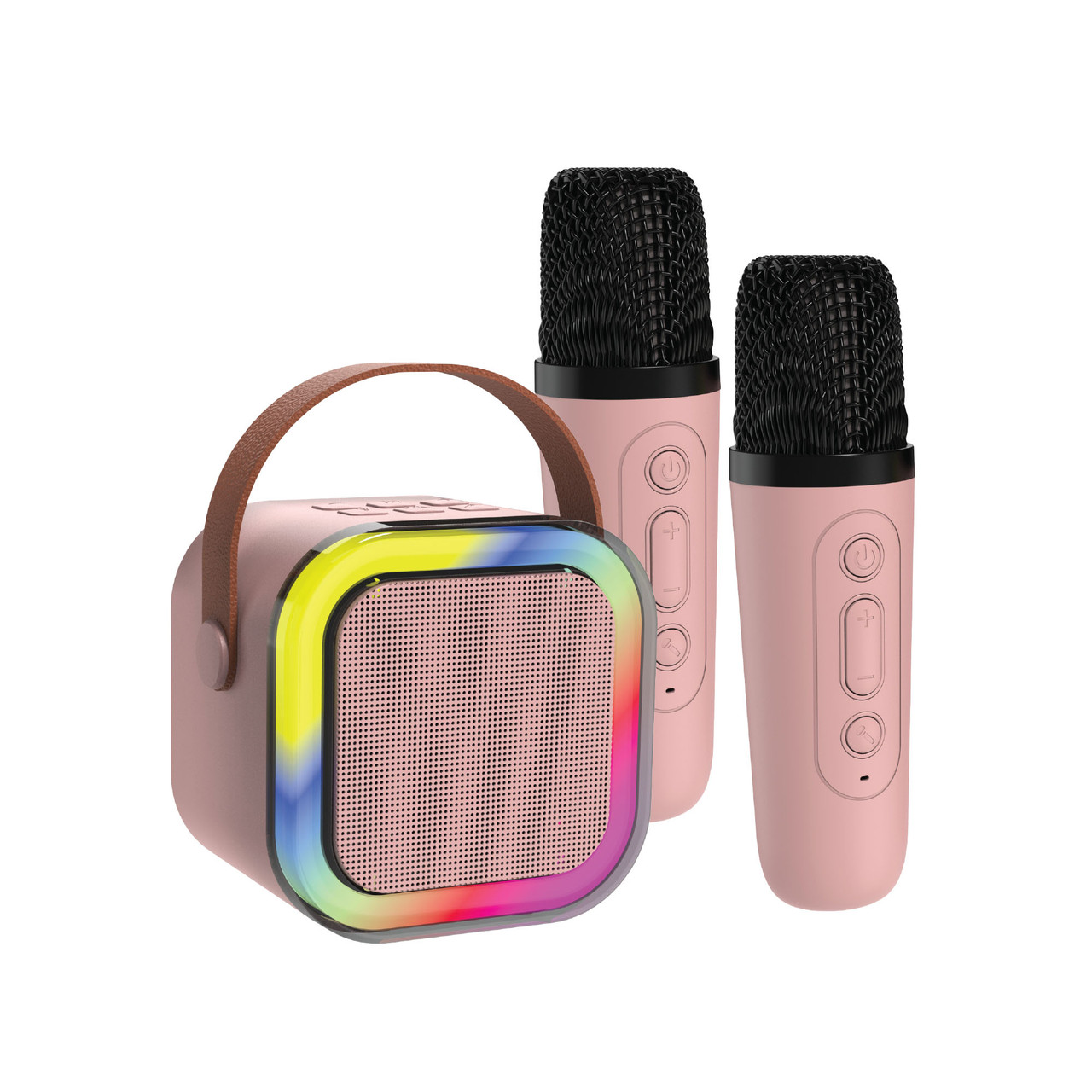 V1031-SP-KA10PK-556-202507251015-00 Laser Mini Karaoke Speaker with 2 Wireless Mics - Pink - Image 1