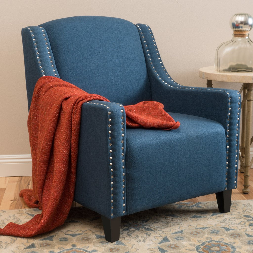 V1041-JSF-5007CDARKBLUE-202507151110-00 Camden Linen Fabric Studded Armchair in Dark Blue - Image 1
