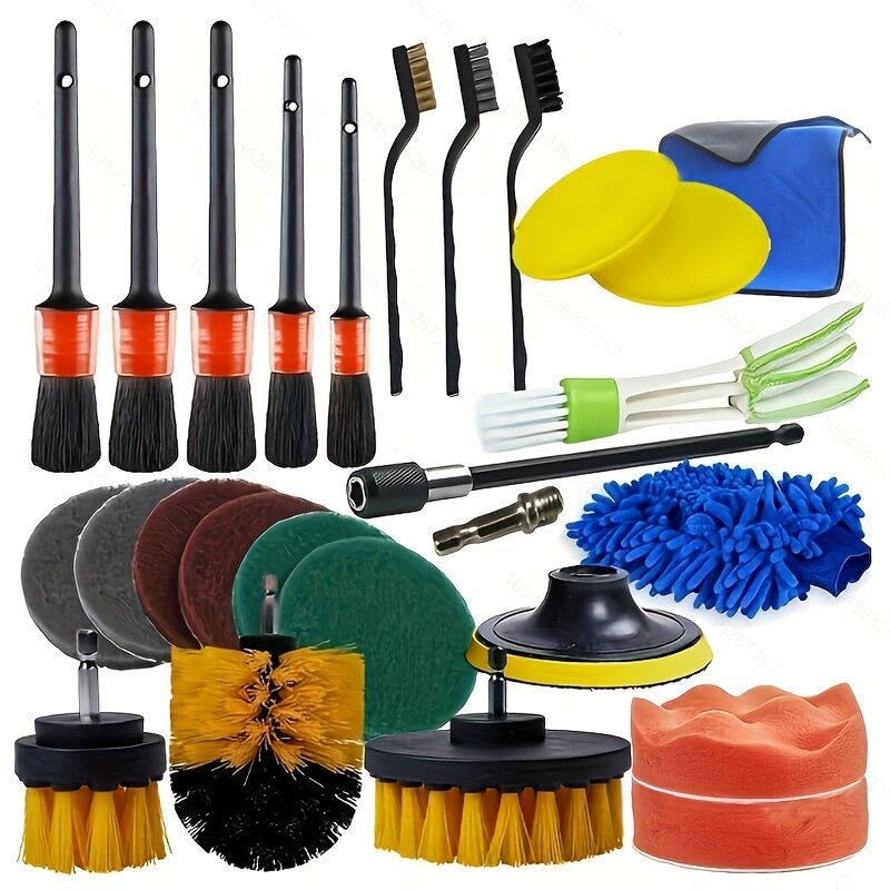 V1102-HYQJ001-202509151447-00 26-piece full function car detailing kit with drill brush and wheel cleaner - Heavy-duty manual and drill-powered cleaning set, color-coded brushes for paint restoration, glass, metal, plastic surfaces - Car washing, polishing, protection - Suitable for h - Image 1