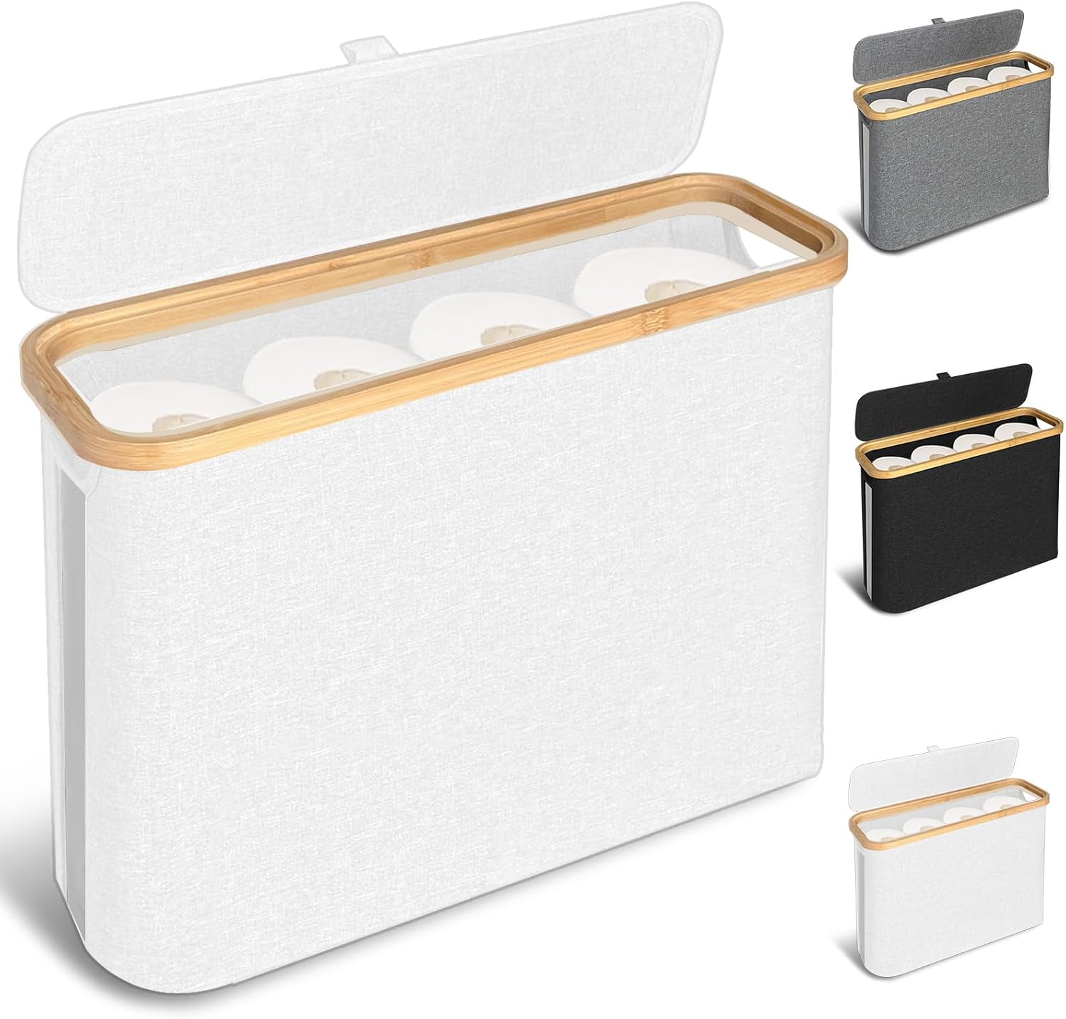 V178-36150-202507301355-00 CARLA HOME Toilet Paper Storage Basket Holds Up to 12 Rolls with Bamboo Lid and Handle for RV Closet (White) - Image 1