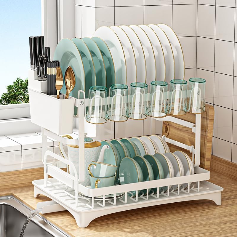V178-36160-202507301355-00 CARLA HOME 2-Tier Dish Drying Rack with Drainage Tray, Utensil Holder, Cup Hooks & Cutting Board Slot for Countertop Kitchen Storage (White) - Image 1