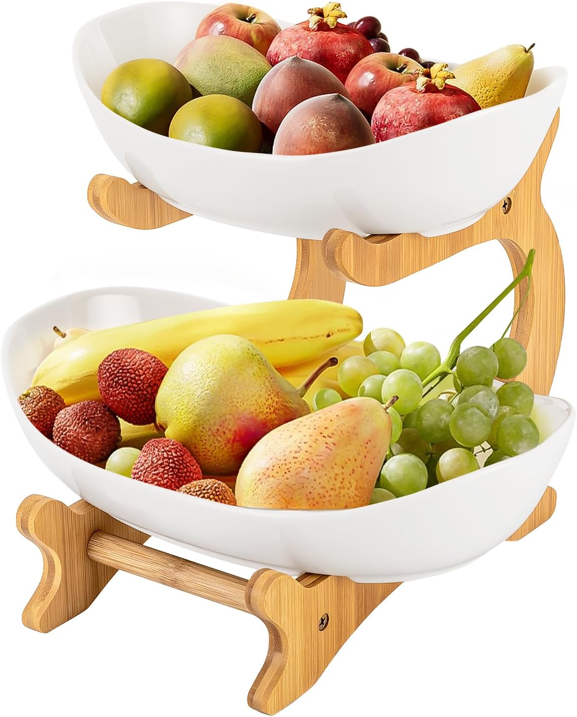 V178-36197-202507301346-00 CARLA HOME 2-Tier Ceramic Fruit Bowl Basket with Bamboo Stand for Kitchen Counter, Snack Tray, Dessert Server & Vegetable Storage Rack - Image 1